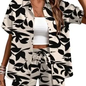 Women's 2 Piece Hawaiian Vacation Outfits Tropical Print Short Sleeve Shirts and Shorts Beach Sets Resort Wear